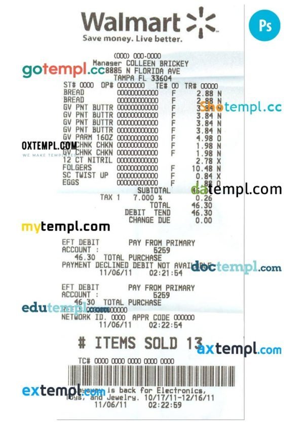 Walmart payment check PSD template, version 2