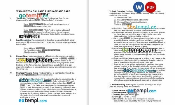 free Washington DC land contract template, Word and PDF format