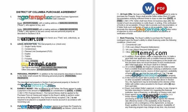 free Washington DC residential real estate purchase agreement template, Word and PDF format