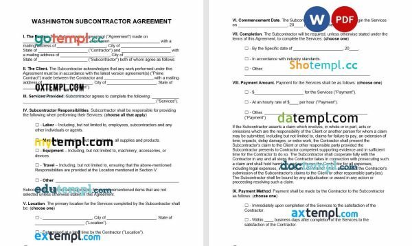 free Washington subcontractor agreement template, Word and PDF format