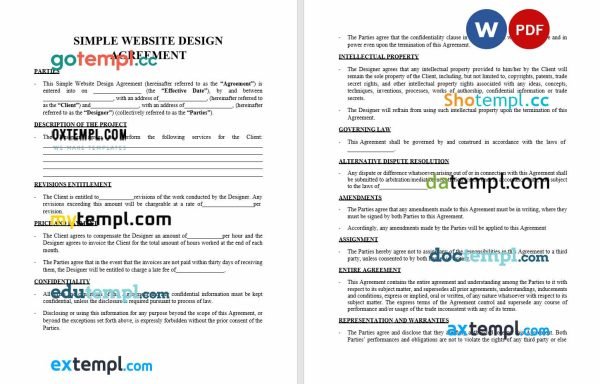free website design agreement template, Word and PDF format
