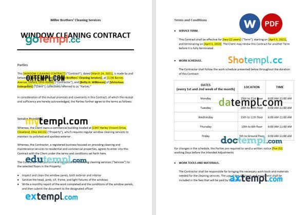free window cleaning contract template, Word and PDF format