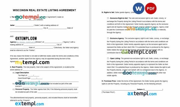 free Wisconsin real estate listing agreement template, Word and PDF format