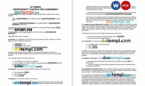 free Wyoming independent contractor agreement template, Word and PDF format