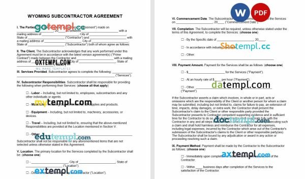 free Wyoming subcontractor agreement template, Word and PDF format