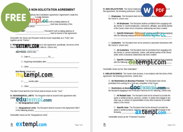 free arkansas non-solicitation agreement template, Word and PDF format