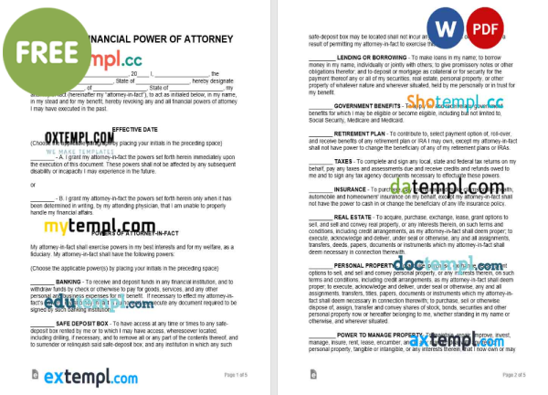 free durable financial power of attorney form template, Word and PDF format
