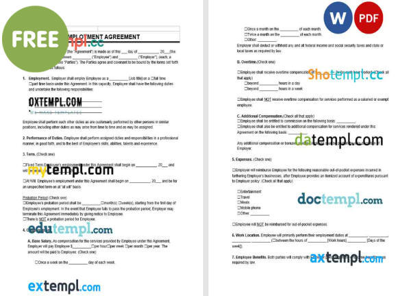 free employment contract template, Word and PDF format