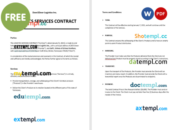 free logistics services contract template, Word and PDF format