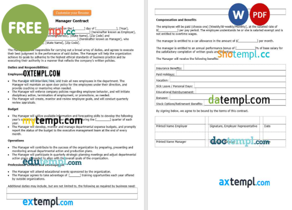free manager contract template, Word and PDF format