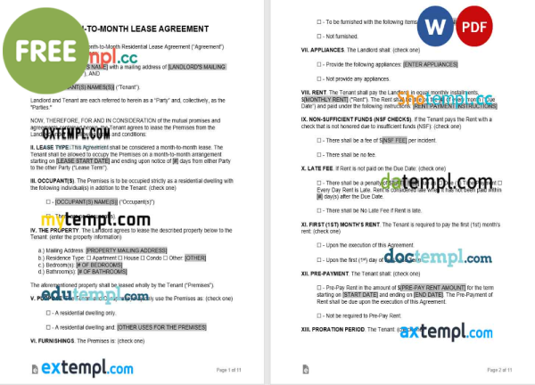 free month to month lease agreement template, Word and PDF format