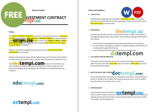 free music investment contract template, Word and PDF format