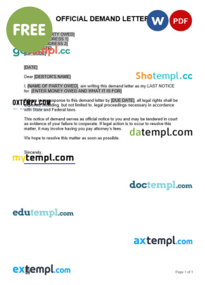 free offical demand letter template, Word and PDF format