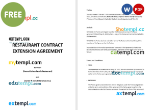 free restaurant contract extension agreement template, Word and PDF format