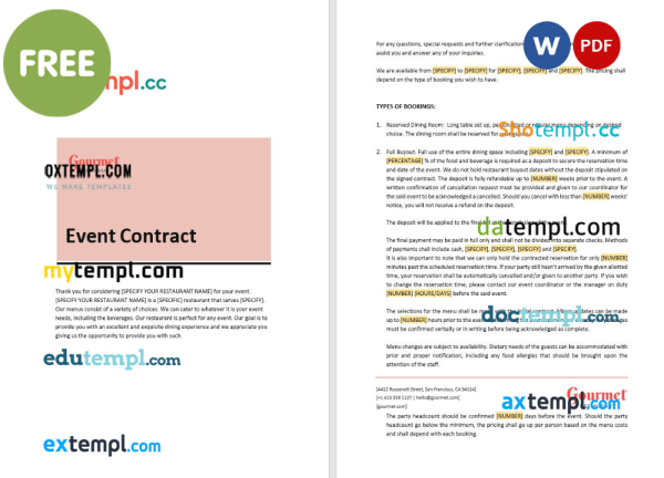 free restaurant event contract template, Word and PDF format