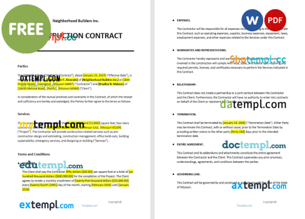 free sample construction contract template, Word and PDF format