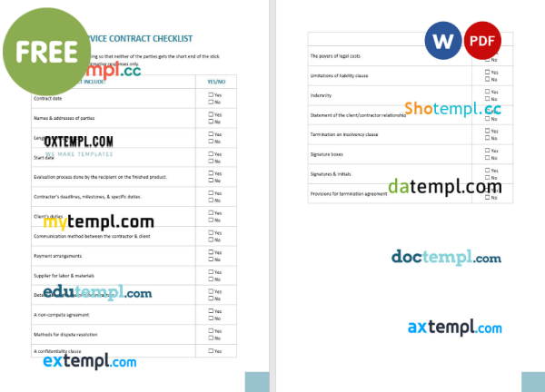 free service contract checklist template, Word and PDF format