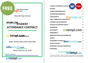 free student attendance contract template, Word and PDF format