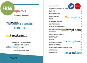 free student teacher contract template, Word and PDF format