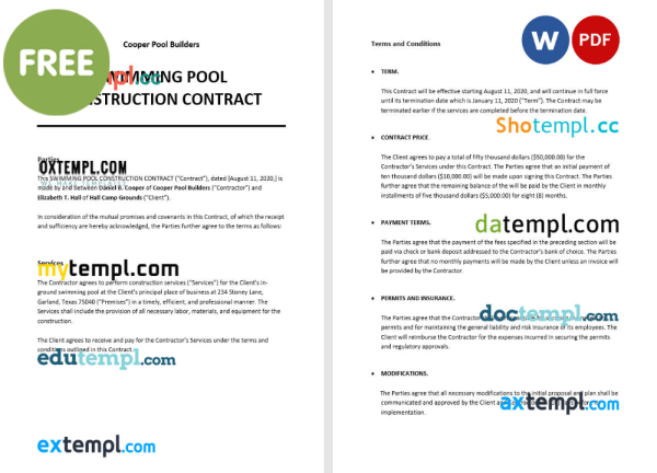 free swimming pool construction contract template, Word and PDF format