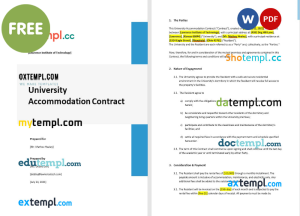 free university accommodation contract template, Word and PDF format