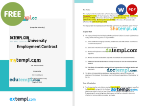 free university employment contract template, Word and PDF format