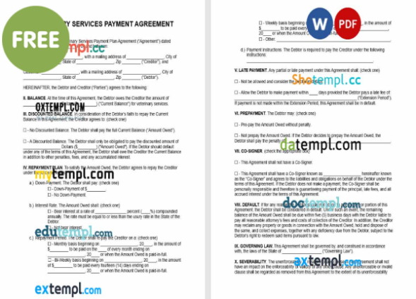 free veterinary services payment plan agreement template, Word and PDF format