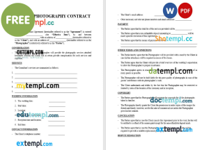 free wedding photography contract template, Word and PDF format