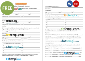 free wedding photography contract template, Word and PDF format, version 2