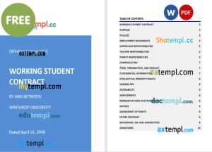 free working student contract template, Word and PDF format