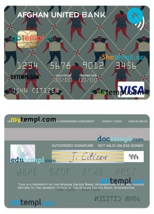 Afghanistan Afghan United Bank visa card template in PSD format