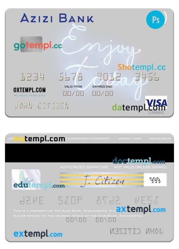 Afghanistan Azizi Bank visa card template in PSD format