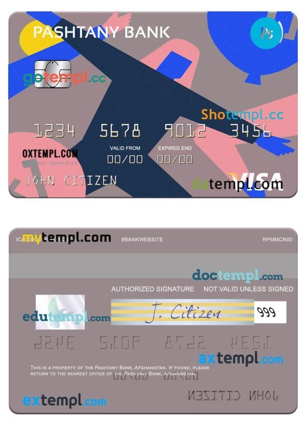 Afghanistan Pashtany Bank visa card template in PSD format