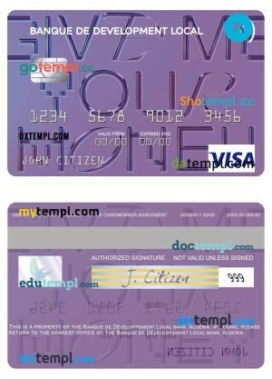 Algeria Banque de Développement Local visa card template in PSD format