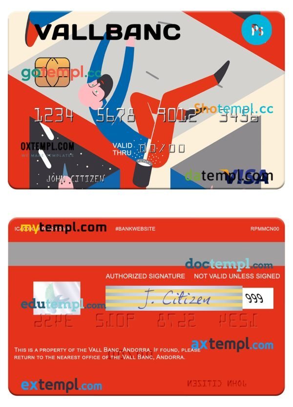 Andorra Vall Banc visa card template in PSD format