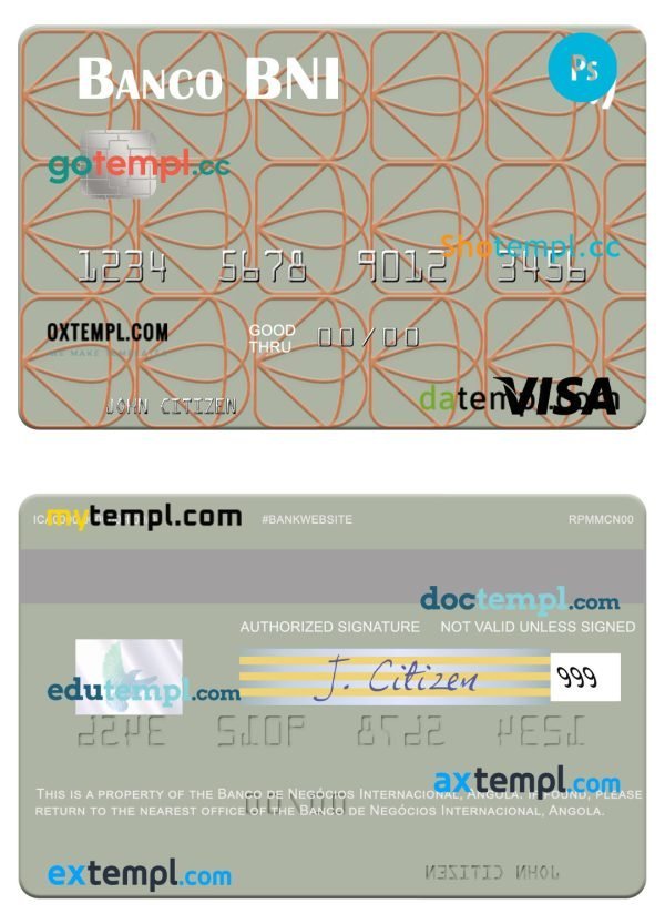 Angola Banco de Negócios Internacional visa card template in PSD format