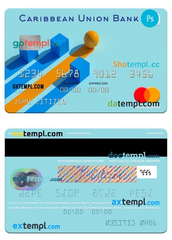 Antigua and Barbuda Caribbean Union Bank mastercard template in PSD format