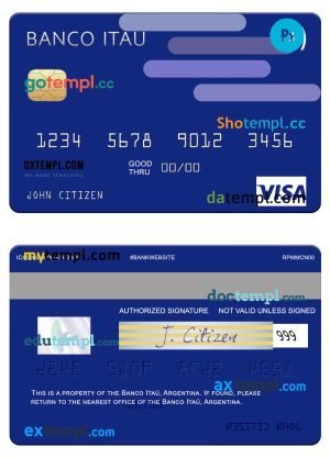 Argentina Banco Itaú visa card template in PSD format