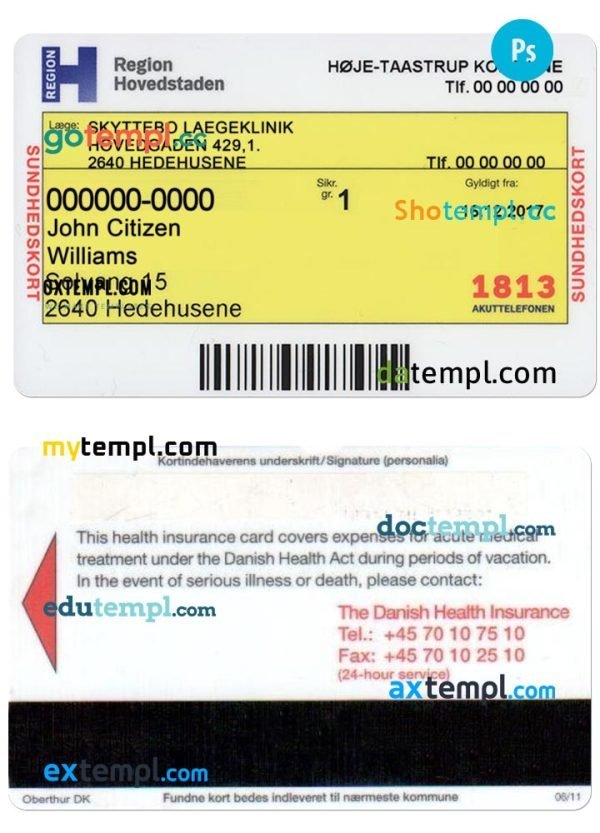 Denmark health insurance card template in PSD format, with fonts