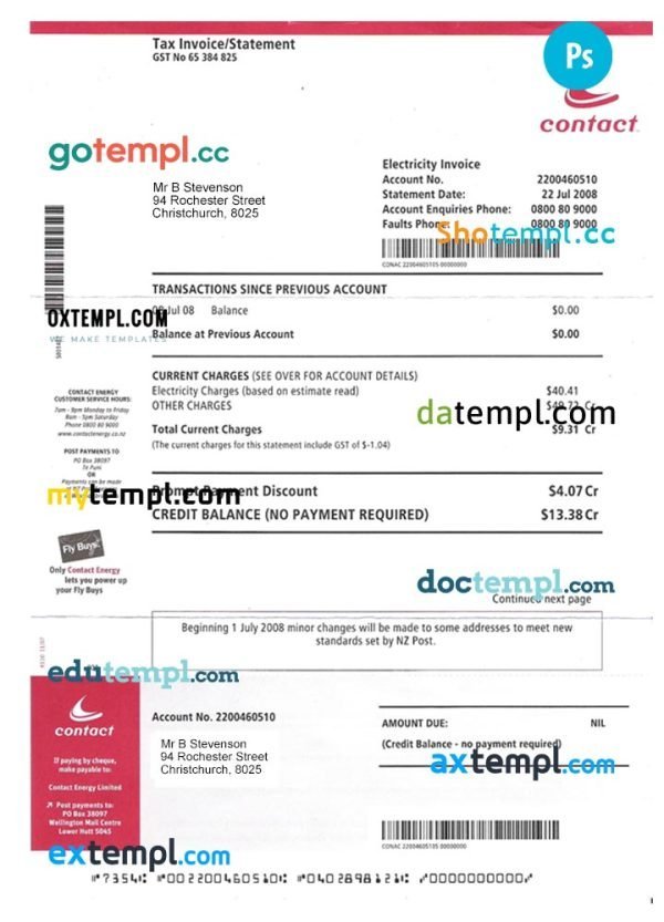 New Zealand electricity utility bill PSD template