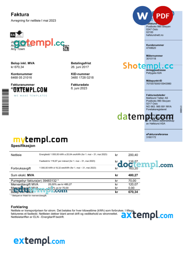 Norway Hafslund utility bill Word and PDF template