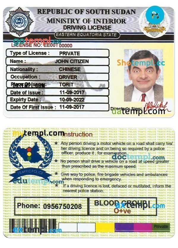 South Sudan driving license PSD template, with fonts