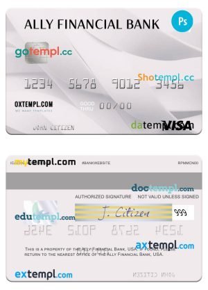 USA Ally Financial Bank visa card template in PSD format