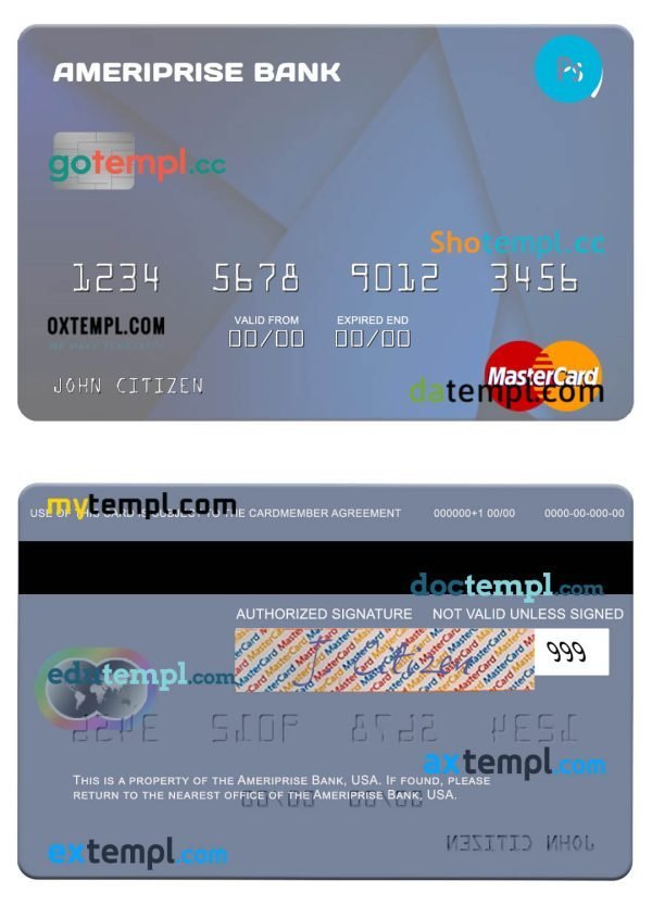 USA Ameriprise Bank mastercard template in PSD format