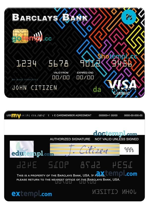 USA Barclays Bank visa card template in PSD format