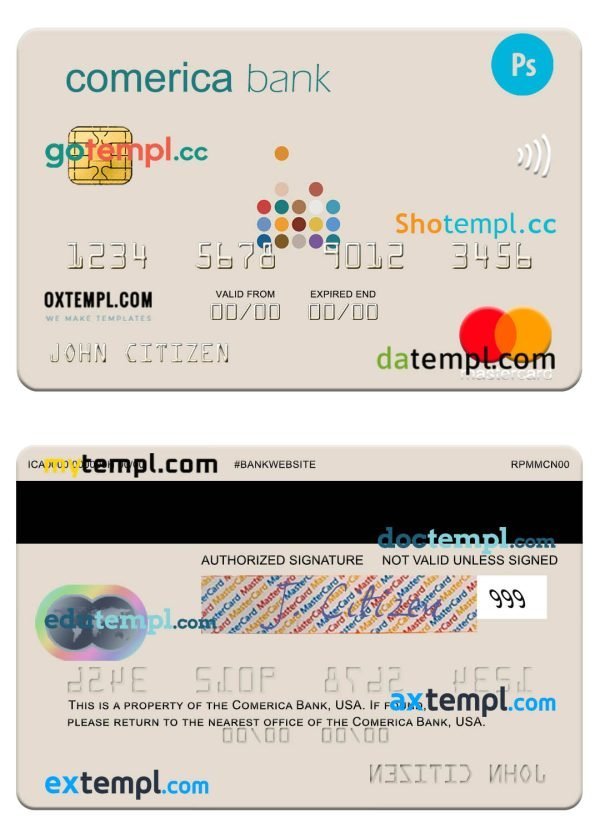 USA Comerica Bank mastercard template in PSD format