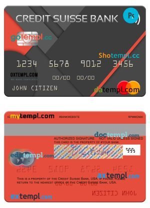 USA Credit Suisse Bank mastercard template in PSD format
