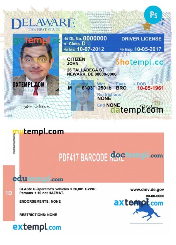 USA Delaware driving license template in PSD format, version 2