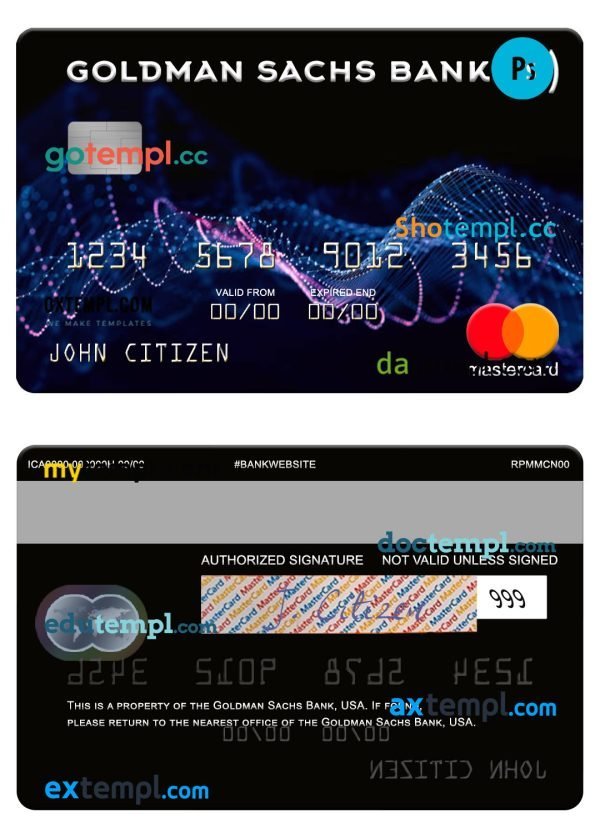 USA Goldman Sachs Bank mastercard template in PSD format