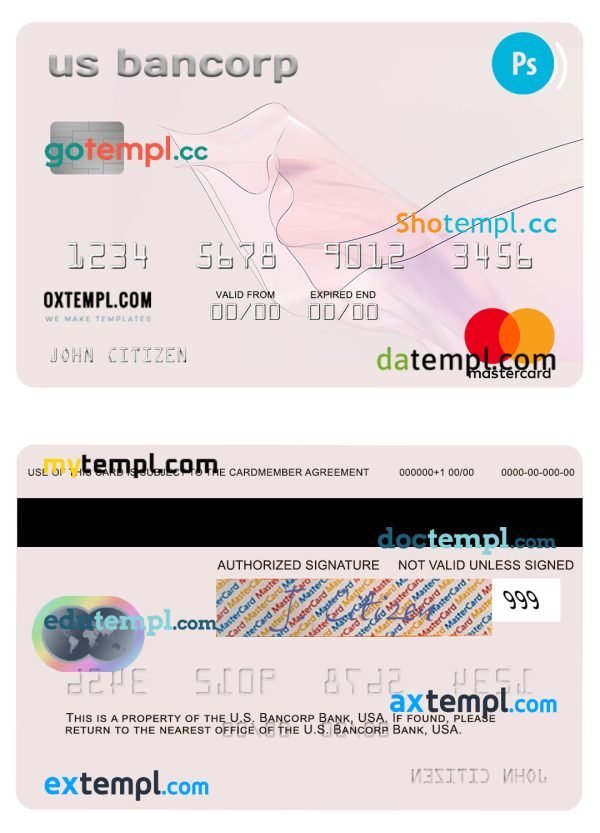 USA U.S. Bancorp Bank mastercard template in PSD format